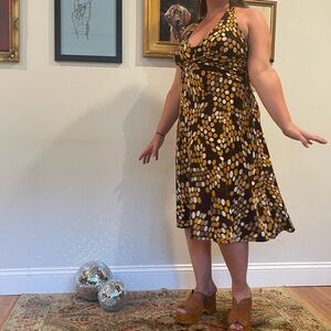 1990s spandex brown/orange halter midi dress